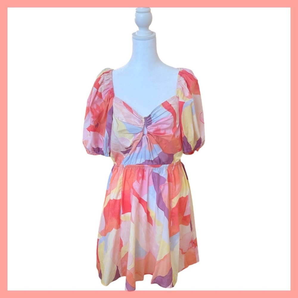 New W/Tags H&M Mini Dress Abstract Watercolor Puff Sleeve Open Back Sz. S